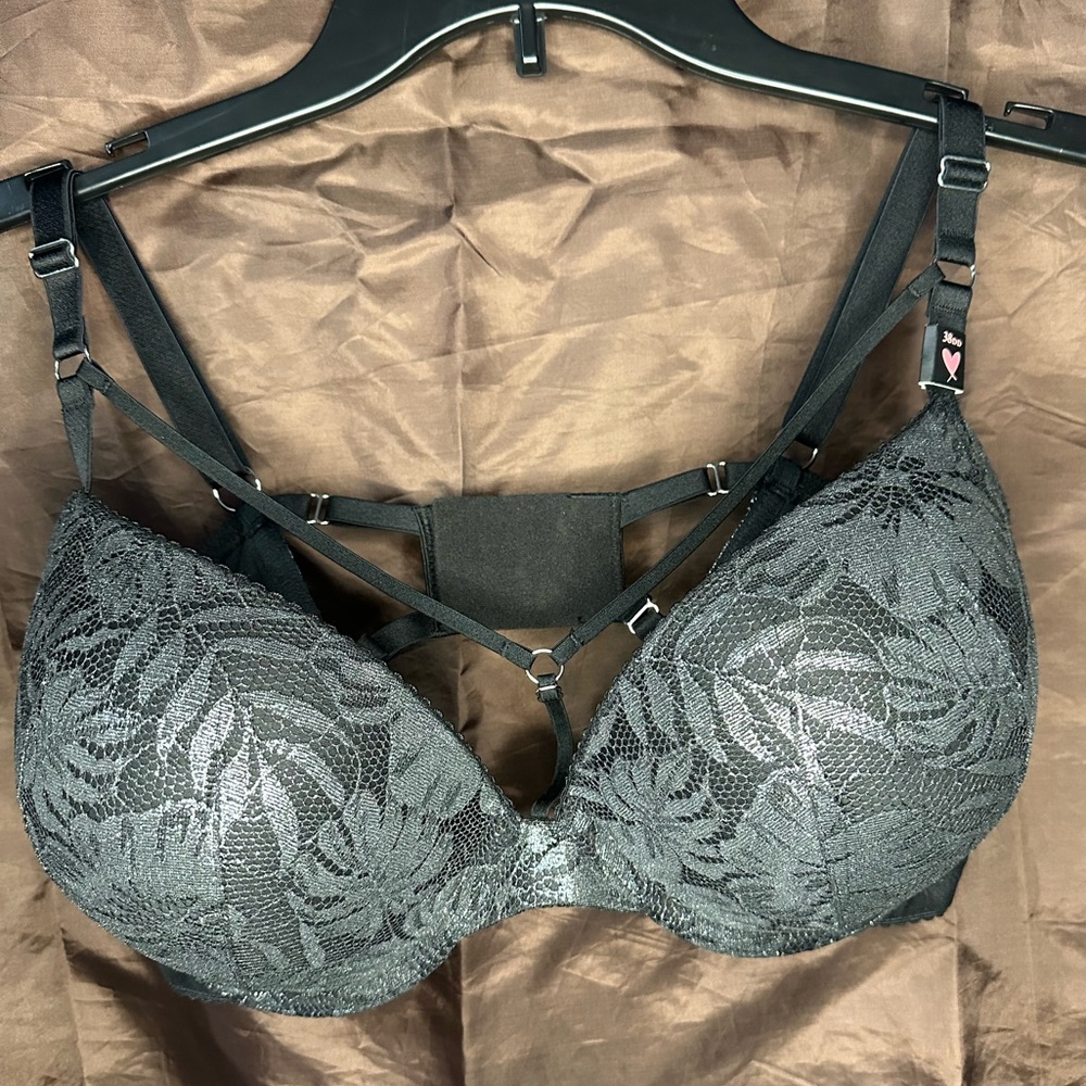 Victoria’s Secret very sexy push up bra harness black silver floral glitter